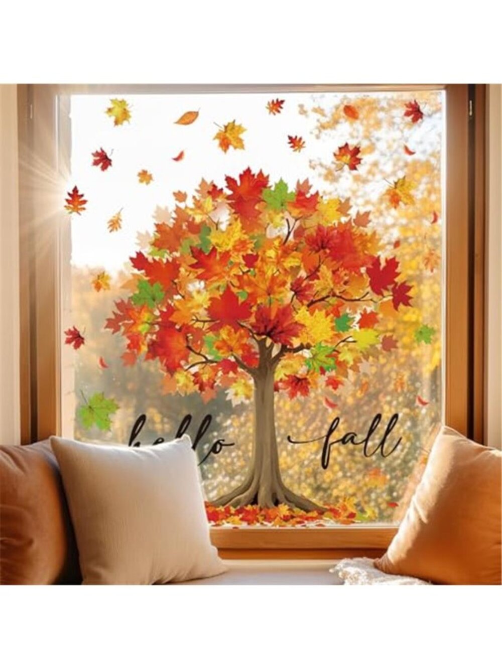 6 Sheets Hello Fall Window Clings Large Watercolor Maple Tree Reusable